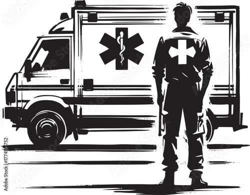 Monochrome illustration of a medic standing near ambulance with