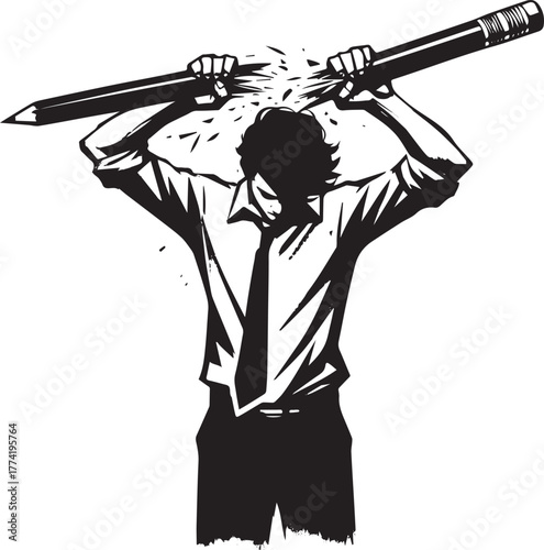Frustrated office worker violently snaps a pencil in half expres