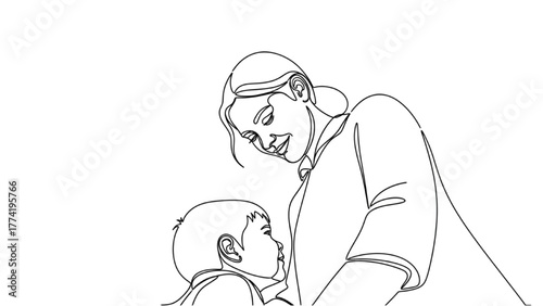 High-Quality Black Continuous Line Art of Low-Angle View from Child’s Eye Level, Mother Figure Towering Above in Tender Minimalist Moment