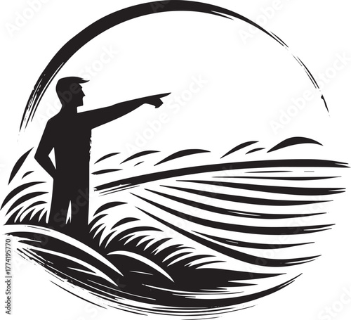 Monochrome illustration a man pointing afar field in japanese ar