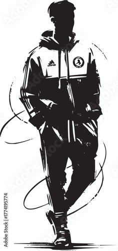 Monochrome brushstroke art displaying a man in sportswear with d