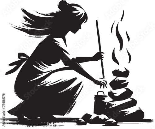 Japanese Woman Prepares a Hearth: Sumi-e Illustration of Home an