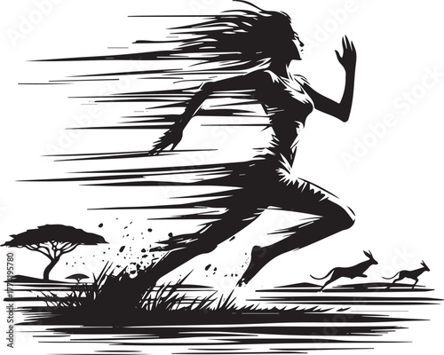 Silhouette of a woman sprinting through an African landscape in