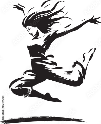 Dynamic Sumi-e Illustration of a Joyful Woman Mid-Jump in Minima
