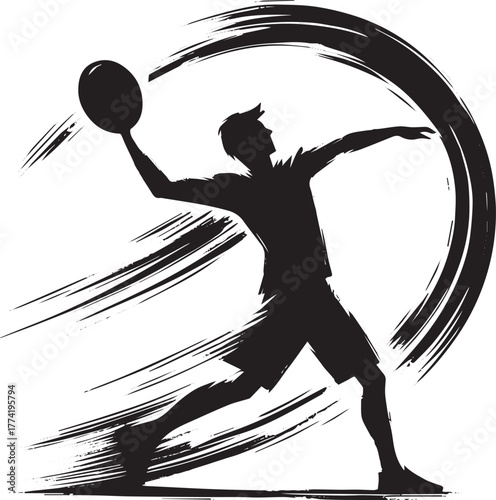 Dynamic Frisbee Throw Ink Illustration in Black and White Minima