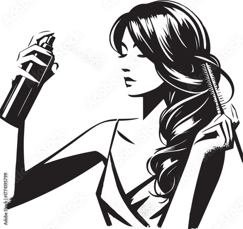 Monochrome beauty illustration: Woman applying hair protectant s
