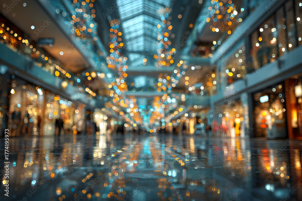 Fototapeta premium Shopping mall blur background with holiday lights