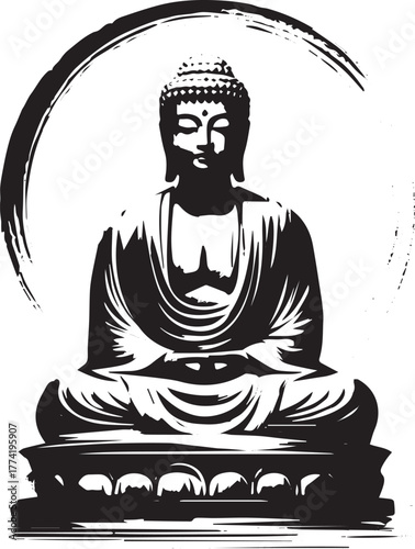 Serene buddha statue in minimalist sumi-e style, a simple and ca