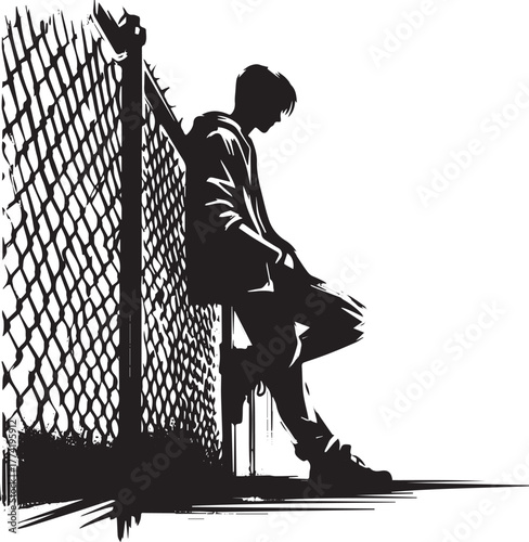 Sumi-e Illustration of a Contemplative Man Leaning on a Chain-li