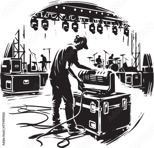 Monochromatic sumi-e illustration of concert setup, stage lighti