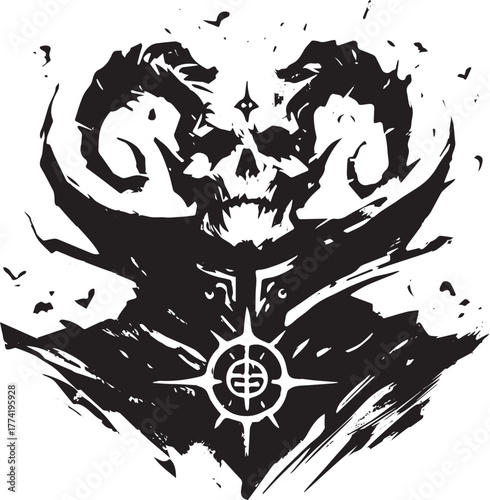 Monochrome depiction of a demonic skull emblem, stylized with br
