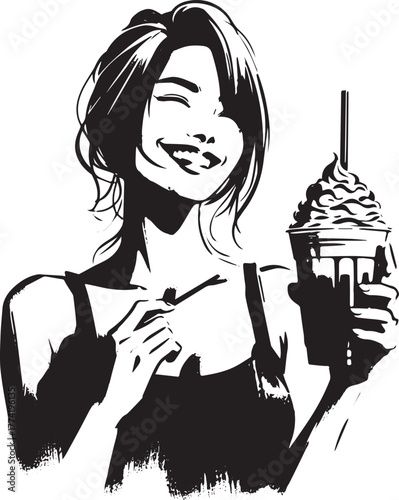 Happy woman enjoys a chilled cocoa drink, black and white minima