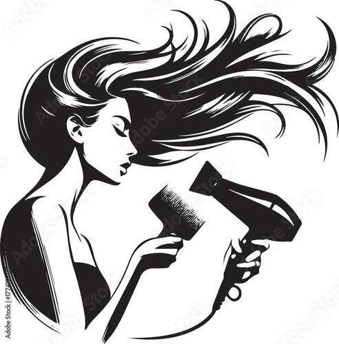 Elegant woman dries hair with brush and blow dryer, minimalist i