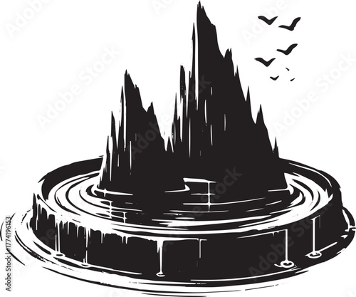 Abstract Sumi-e Tar Pit Illustration with Birds in Flight Monoch