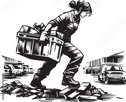 Resilient woman worker carrying toolbox in harsh industrial mono