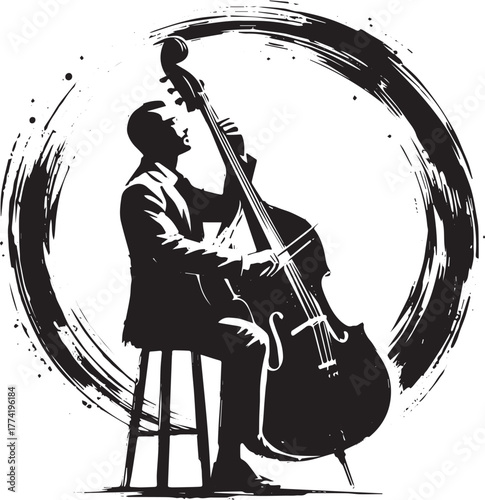 Elegant Sumi-e Illustration of a Musician Playing the Double Bas