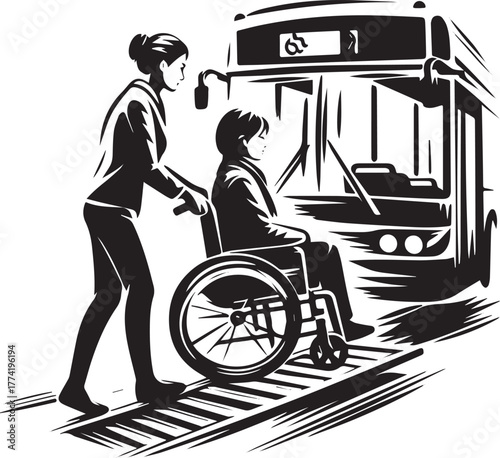 Stylized monochrome illustration depicting accessible public tra