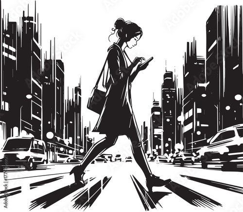 Monochrome depiction of a woman using her smartphone while cross