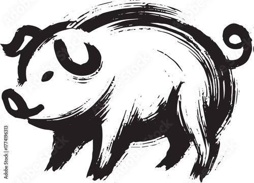 Artistic Sumi-e Style Pig Icon: Symbol of Chinese Zodiac and Pro