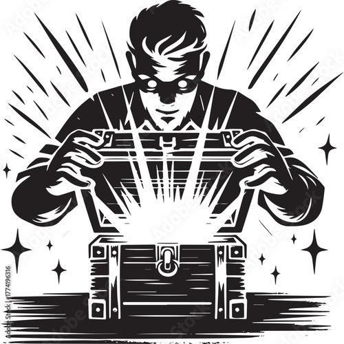 A man discovers a trove of radiant jewels in a sumi-e style illu