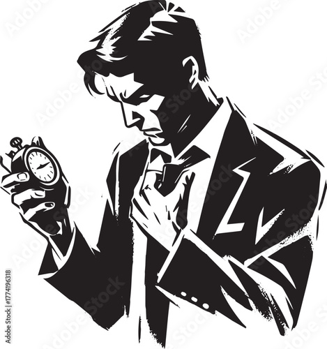 Monochrome illustration of anxious businessman examining a vinta