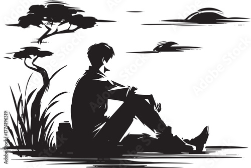 Ink illustration of a contemplative man resting by the riverbank