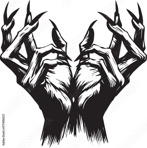 Sinister Silhouette: Gothic Hands Graphic in Minimalist Sumi-e S