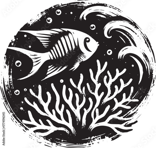 Monochrome ocean life illustration featuring fish coral and wave