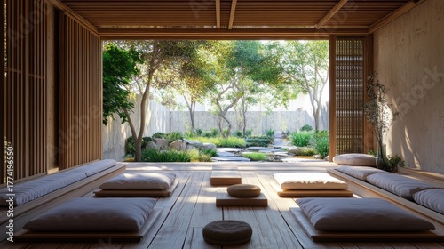 Zen-inspired home meditation space with wooden textures, soft cushions, and an open garden view.