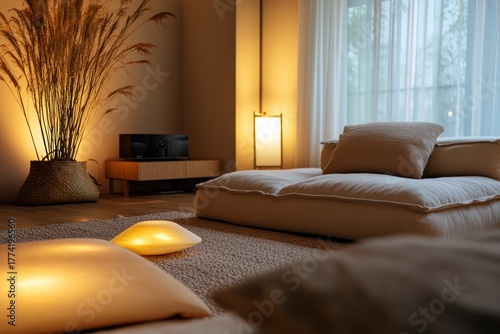 Zen-inspired living room with soft textures, calming neutral tones, and warm natural lighting.