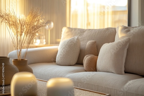 Zen-inspired living room with soft textures, calming 