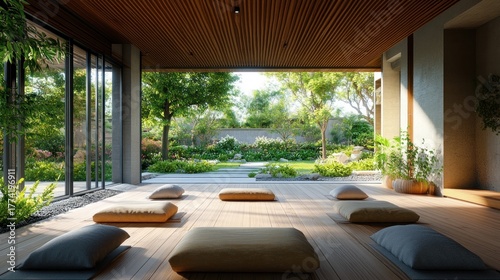  wooden textures, soft cushions, and an open garden view.