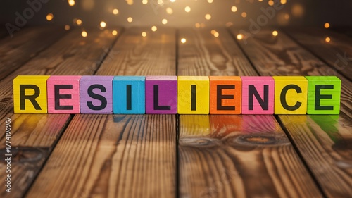 Resilience word on colorful wooden blocks, motivation and mental strength concept with bokeh lights.