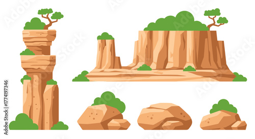 Illustration of desert landscape elements featuring rock formations, mesas, and small trees, isolated on a white background.