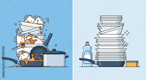 Illustration depicting a comparison of dirty dishes stacked messily versus clean dishes neatly stacked, with soap and sponge.