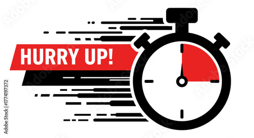 A vector graphic of a stopwatch with a red section and the words "Hurry Up!" on a red banner, indicating speed and urgency.