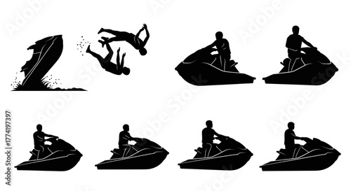 Silhouette illustrations depicting a person riding a jet ski, including a sequence of a rider falling off and various riding positions.