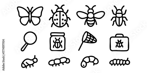 昆虫・虫取りアイコンセット（線画・フラットデザイン）	
