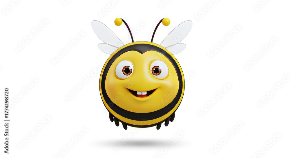 Obraz premium Cartoon bee with a smiling face, small wings, and black stripes on a white background.