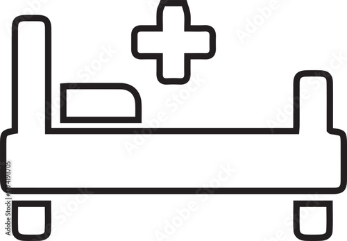 Hospital Bed Icon Vector: Medical Bedstead Symbol for Healthcare, Recovery, Treatment, and Patient Care Facility in Simple Outline Design