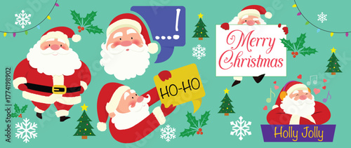 Cute Santa Claus Character Icon Set with Various Poses, Vector Illustration