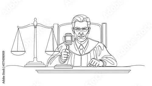 High-Quality Black Continuous Line Art of Judge Seated at Courtroom Bench, Gavel in Hand with Scales of Justice, Minimalist Composition