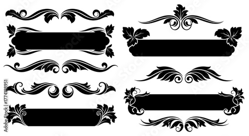 A collection of classic black banners and filigree page dividers with floral and leaf motifs. Elegant vector graphics for invitations or certificates.