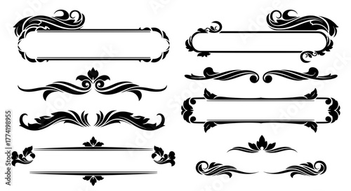 A set of black vector decorative elements including classic borders, ornate text frames, and elegant calligraphic dividers isolated on a white background.