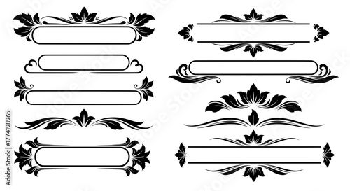 A set of elegant black floral frames, borders, and decorative dividers with swirls. Vector graphics isolated on white, ideal for classic design layouts.