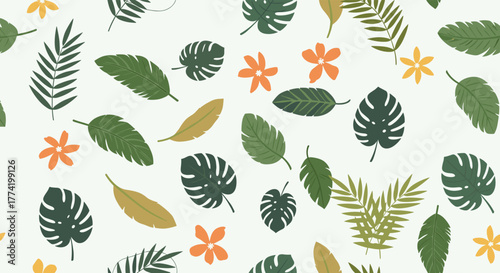 Seamless pattern of various tropical green and yellow leaves with small orange and yellow flowers on a light background, creating a vibrant botanical design.