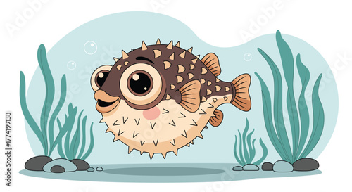 A cute and happy cartoon pufferfish with big eyes smiles while floating underwater among green seaweed and rocks.