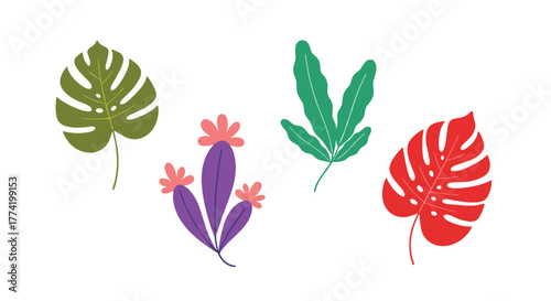 Vibrant collection of botanical illustrations featuring tropical leaves and a charming flowering plant, ideal for nature-inspired designs.