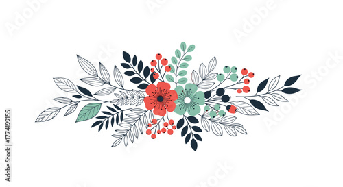 Charming hand-drawn floral arrangement with coral, teal, and dark blue elements on a white background, perfect for decorative designs.