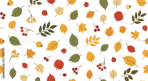 Seamless pattern featuring a variety of colorful autumn leaves and berries in different shapes and shades on a clean white background.